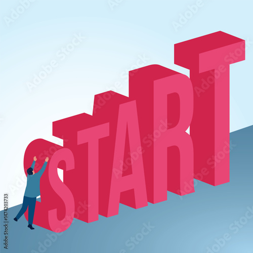 A man struggles to climb a high starting point. A metaphorical illustration of the first step, starting out and the starting line in business.