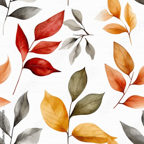 Elegant botanical pattern featuring colorful leaves in warm autumn tones on a light background for creative projects