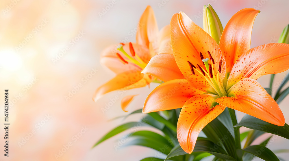 Naklejka premium Two vibrant orange lilies with speckled petals, lush green leaves, against a soft, blurred background
