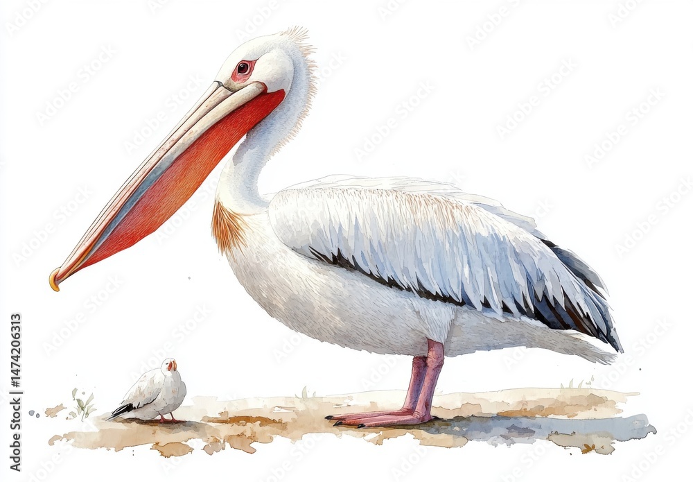 White Pelican Watercolor Painting with Small Bird White Pelican Watercolor Painting with Small Bird