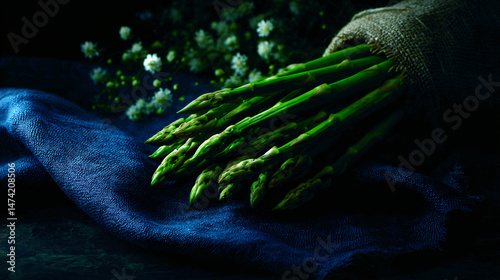 Fresh asparagus bundled on cloth against a dark background.