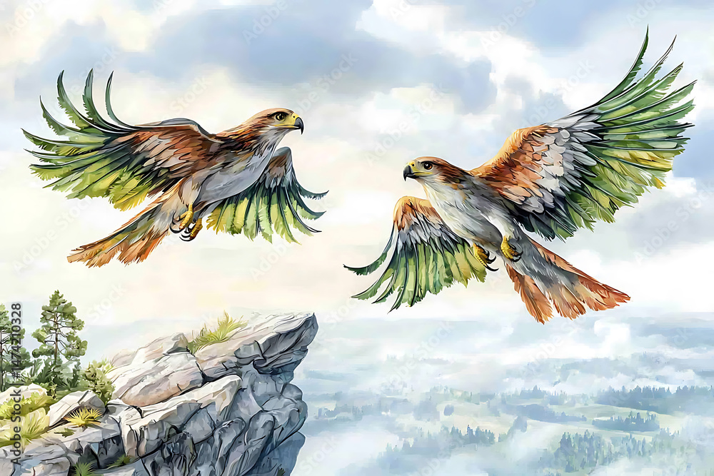 Obraz premium Two birds with vibrant wings soar above a rocky cliff amidst a soft cloudy sky and distant forested hills.