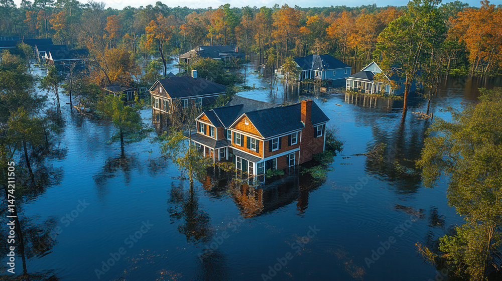 Obraz premium aerial view of a house severely damaged by hurricane ian, showing collapsed roof and scattered debris 
