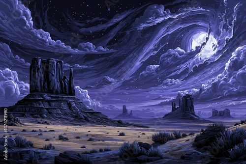 A bizarre, unearthly scenery, illuminated by the pale light of the moon and distinguished by its peculiar rock configurations