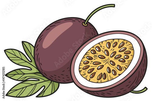 149 passion fruit, tropical fruit, juicy, vivid colors, vibrant, realistic, high-resolution, photorealistic