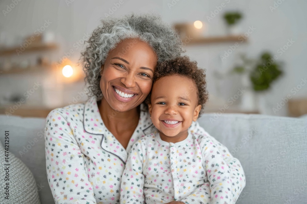 Fototapeta premium A bedroom hug and a family portrait capture the essence of a happy child and their mothers' bond, as they unwind and savor their time together, free from worries and filled with love