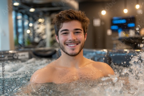 A smiling man is soaking in the warm thermal waters at a spa to unwind