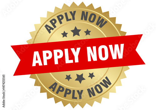 apply now. apply now round red and gold label isolated on transparent background