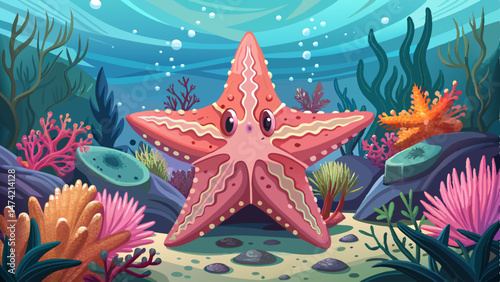 image of a fantasy sea star blending with pink coral and flowers on the ocean floor in a serene underwater scene
