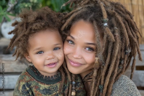 African mother and son with black skin, a happy couple, enjoy outdoor leisure activities together in the city, exemplifying a playful family love concept as a single mom with a little child smiles