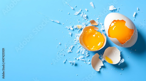 A cracked egg with yolk spilling onto a bright blue background, surrounded by eggshell fragments