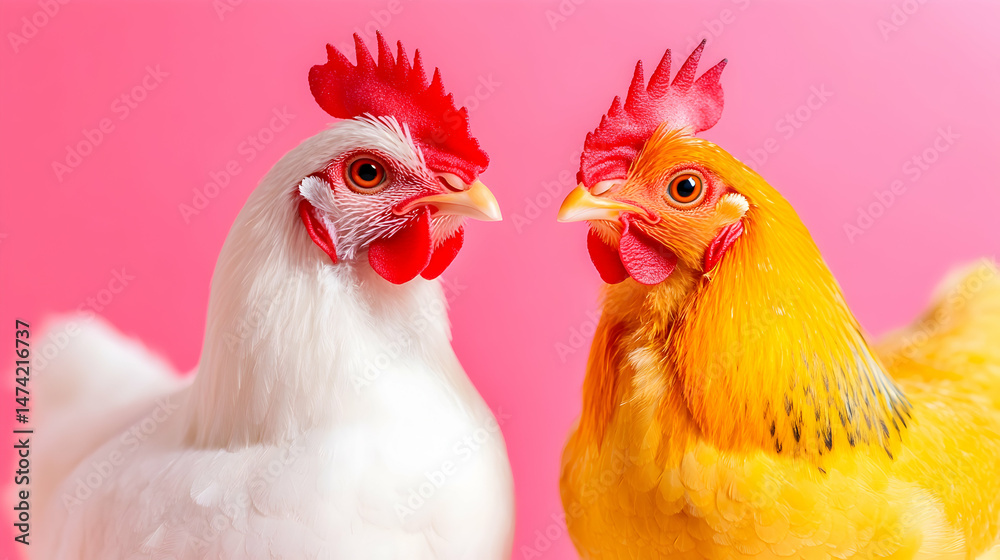Fototapeta premium Two chickens, one white and one golden, face each other against a vibrant pink backdrop