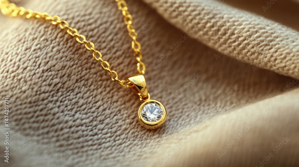 Fototapeta premium Delicate gold chain with a small diamond pendant resting on a neutral fabric