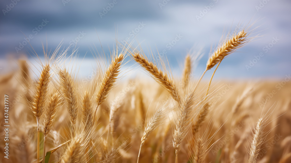 Fototapeta premium Golden wheat field under cloudy sky with warm light creating peaceful summer scene