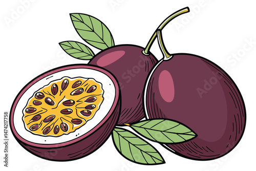 149 passion fruit, tropical fruit, juicy, vivid colors, vibrant, realistic, high-resolution, photorealistic