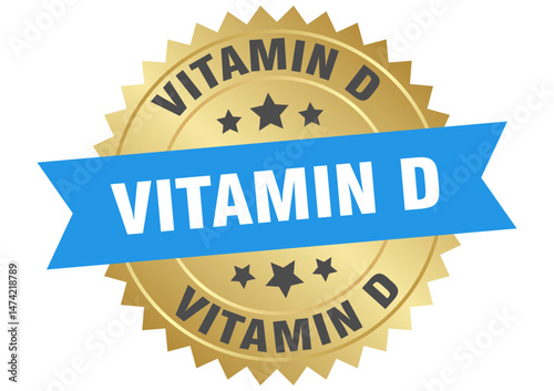 vitamin d. vitamin d round blue and gold label isolated on transparent background