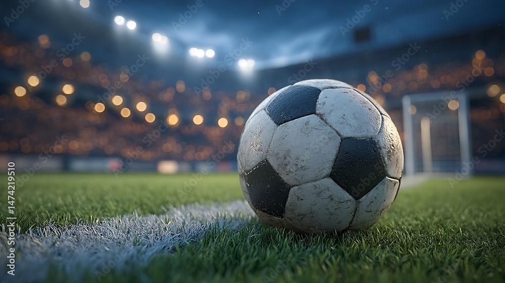 Fototapeta premium Night Football MudSpattered Ball at Goal Line.