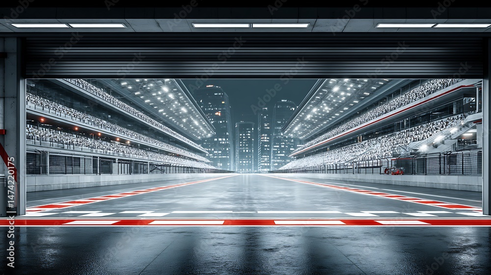 Obraz premium Night Race Track Garage City Skyline View.