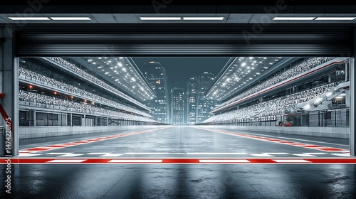 Night Race Track Garage City Skyline View.
