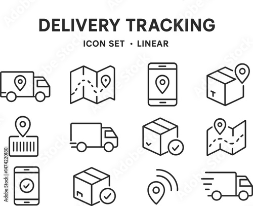 Vector illustration of delivery tracking icons featuring trucks, maps, and mobile devices in a minimalist design