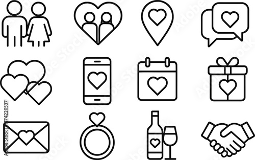 Wedding planning outline icon set featuring essential elements for organizing a special event