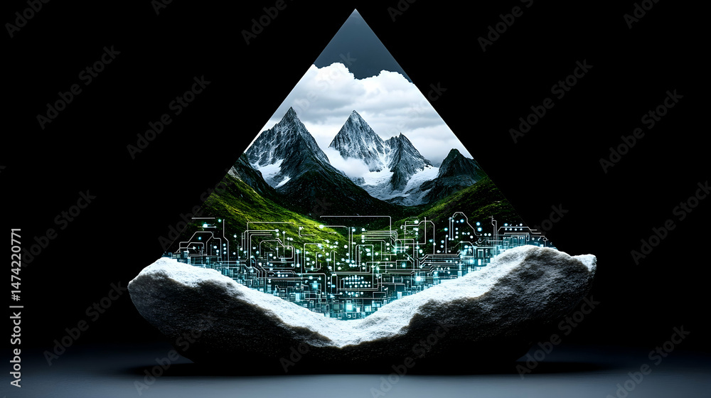 Naklejka premium A pristine mountain landscape encased within a translucent pyramid resting on a stone base, featuring subtle digital network elements