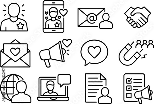 Vector illustration of brand identity icons including logo, badge, and business card in linear style layout