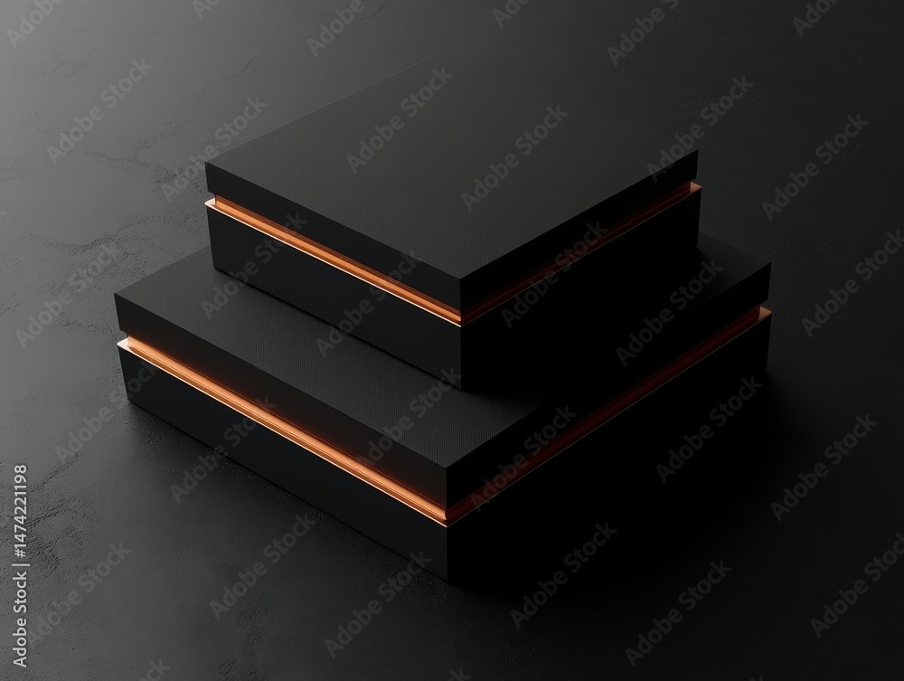 Two black square boxes with orange trim, stacked Two black square boxes with orange trim, stacked