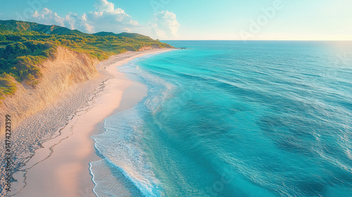 aerial view of a beautiful beach coastline with crystal clear blue water and golden sand 
