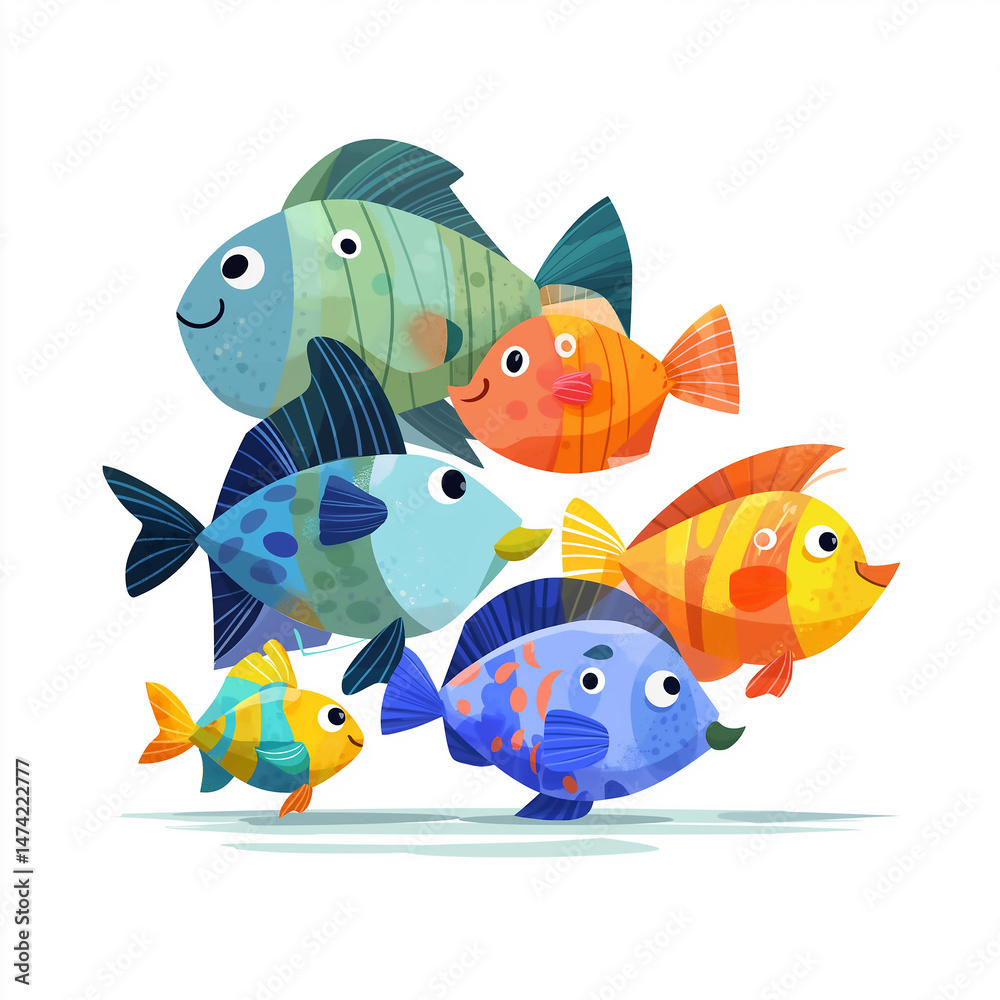 Naklejka premium Colorful Fish Illustration: A cheerful group of cartoon fish in vibrant colors swim together. Their happy expressions and playful designs create a joyful underwater scene.