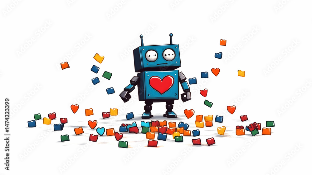 Fototapeta premium A cute blue robot with a heart spreads colorful love blocks