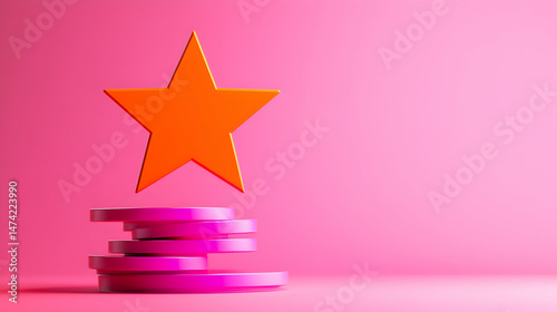 A vibrant orange star hovers above stacked pink circles against a pink backdrop photo