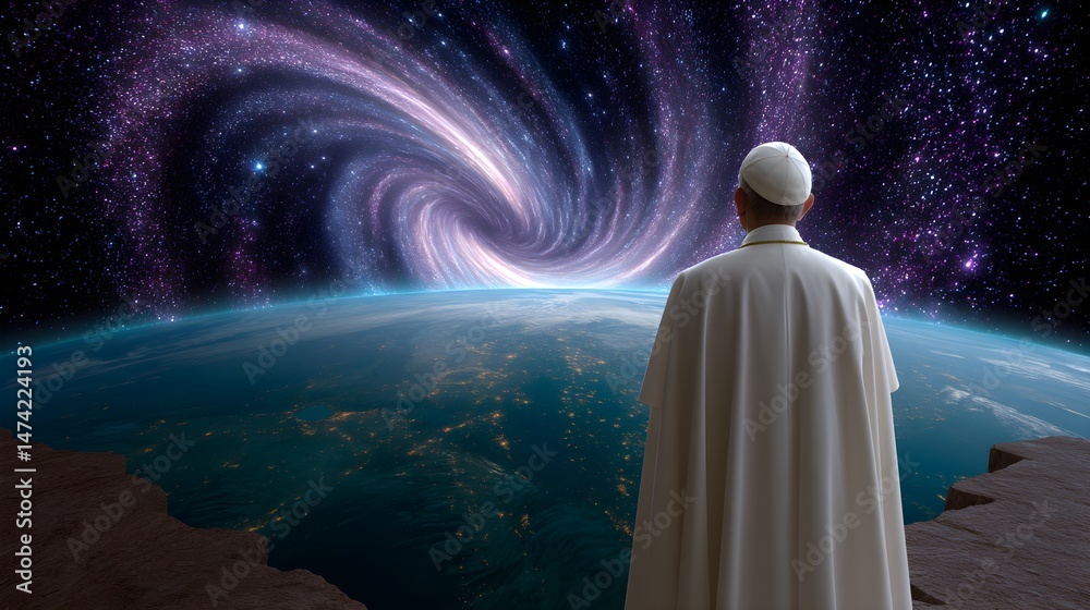 Fototapeta premium The new Pope standing at the edge of the Earth, looking into a swirling galaxy of souls, epic metaphor for global spiritual responsibility