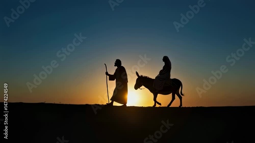 Joseph Virgin Mary on a donkey. Christian religious illustration, background, banner. Advent event	