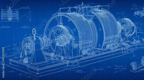 Generative ai has created a seamless pattern of mechanical engineering drawings on a blue background, focusing on technical design, cover, and blueprint, with an emphasis on cutting tools, such as a