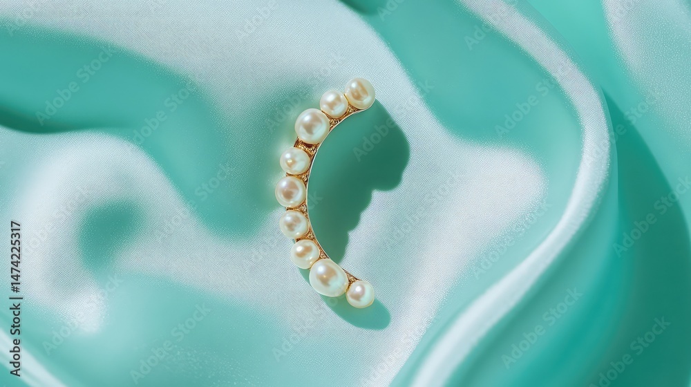 Fototapeta premium Minimalist pearl ear cuff on a pale icy blue satin surface