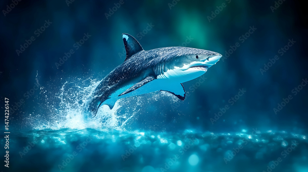 Fototapeta premium A majestic shark leaps from the ocean, water splashing around it in a vibrant blue underwater scene