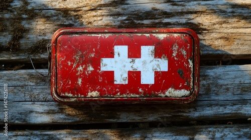 Rusty first-aid kit on weathered wooden planks