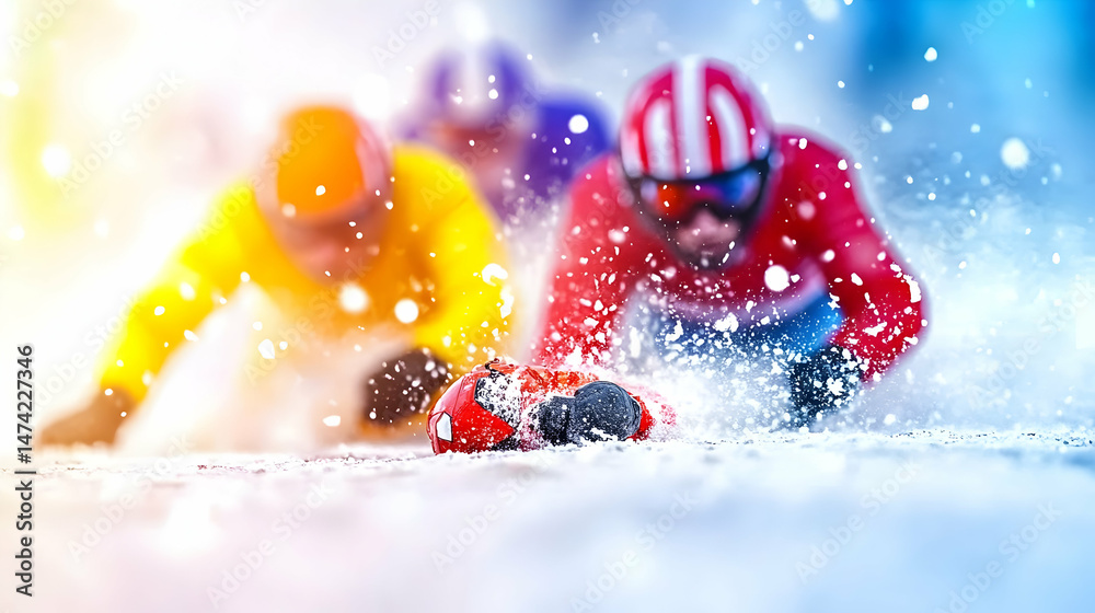 Naklejka premium Intense winter sports race; athletes in low position, snow spray, blurred background