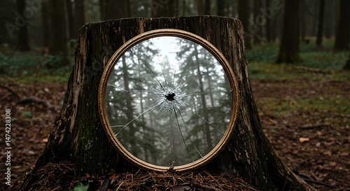 Wallpaper Mural Broken Mirror on Tree Stump in Forest Torontodigital.ca