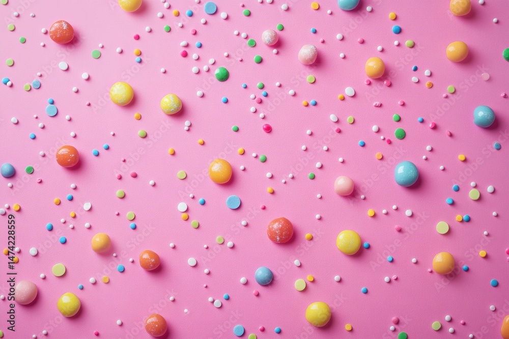 Pink background with colorful candy sprinkles and gumballs for party decoration and sweet dessert concept Pink background with colorful candy sprinkles and gumballs for party decoration and sweet dessert concept