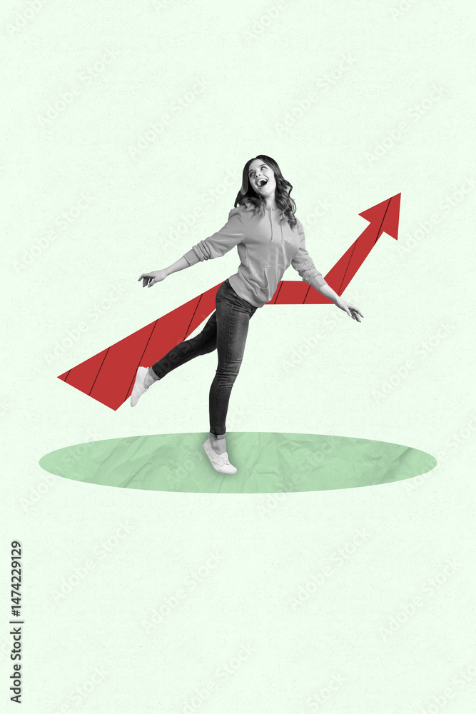 Obraz premium Collage of joyful woman man celebrating financial success with rising arrow symbolizing income or business growth