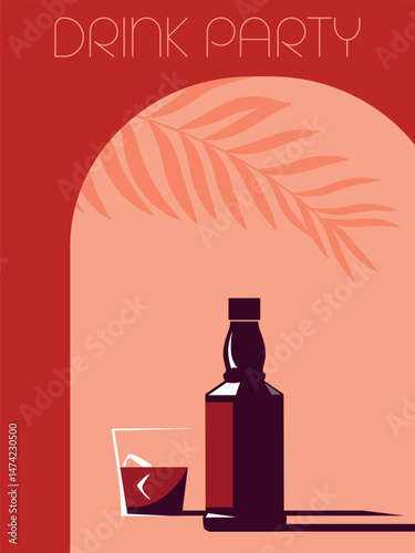 Restaurant poster, alcohol bottle, beach party, booze. Drink party banner, whiskey, glass, scotch, bourbon