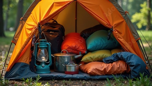 Camping gear neatly organized in a tent Backpack, sleeping bag, cooking pot, lantern, etc , tidy, campsite essentials
