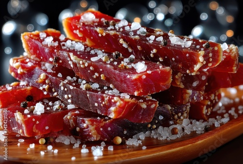 Gourmet beef jerky on wooden plate with seasoning salt and black background, showcasing texture and rich color in a stylish presentation