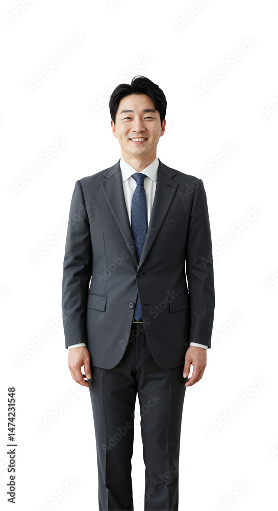 Smiling mid-adult East Asian businessman in a dark grey suit, white shirt, and blue tie, standing confidently against a plain black studio background, looking directly at the camera. Smiling mid-adult East Asian businessman in a dark grey suit, white shirt, and blue tie, standing confidently against a plain black studio background, looking directly at the camera.