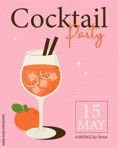 Vector cocktail party poster with orange drink in a glass, ice cubes, citrus slices, and text on pink background. Fresh and festive summer invitation design.