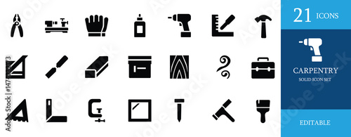 Solid black carpentry icon set featuring tools like hammer, drill, saw, glue, ruler, wood textures, and more. Clean, minimal, editable, perfect for construction and woodworking projects