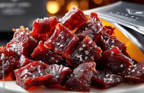 Gourmet beef jerky pieces on a plate with coarse sea salt sprinkled on top, showcasing rich texture and savory flavor in a close-up composition