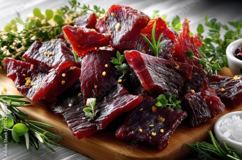 Gourmet Beef Jerky Platter Displayed with Fresh Herbs and Spices on a Wooden Cutting Board for Delicious Snacking and Culinary Inspiration